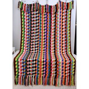 Handmade Crochet Throw Blanket 47" x 67" Colorful Multicolor Striped Fringe Edge